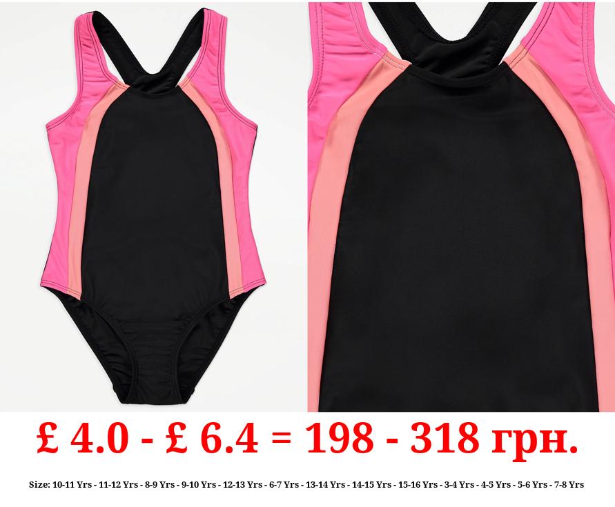 Pink Colour Block Sports Swimsuit