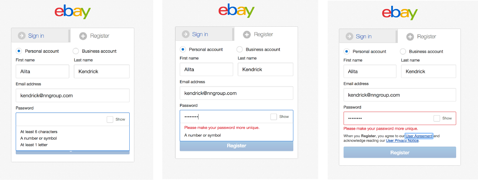 eBay использует микровзаимодействия в своей регистрационной форме, чтобы сообщить, соответствует ли пароль требованиям поля. 