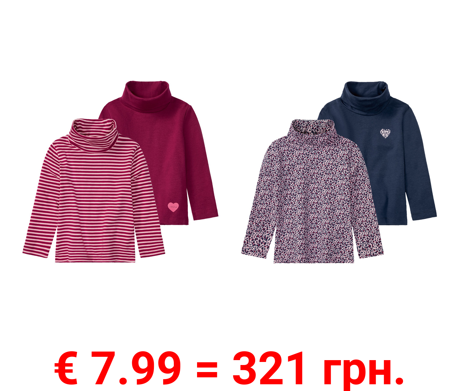 lupilu® Kleinkinder Mädchen Rollkragenshirts mit Baumwolle, 2er Set