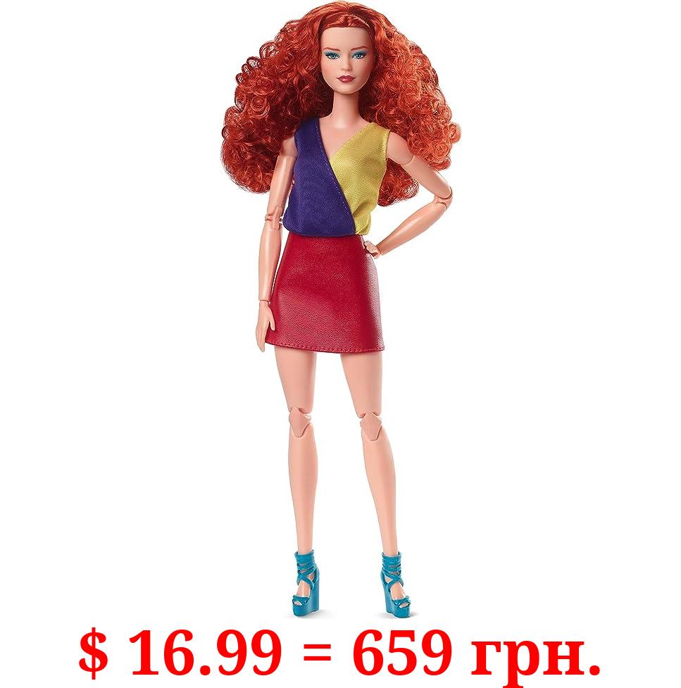 Barbie Looks Doll with Curly Red Hair Dressed in Color Block Top and Glossy Pleather Skirt, Posable Made to Move Body