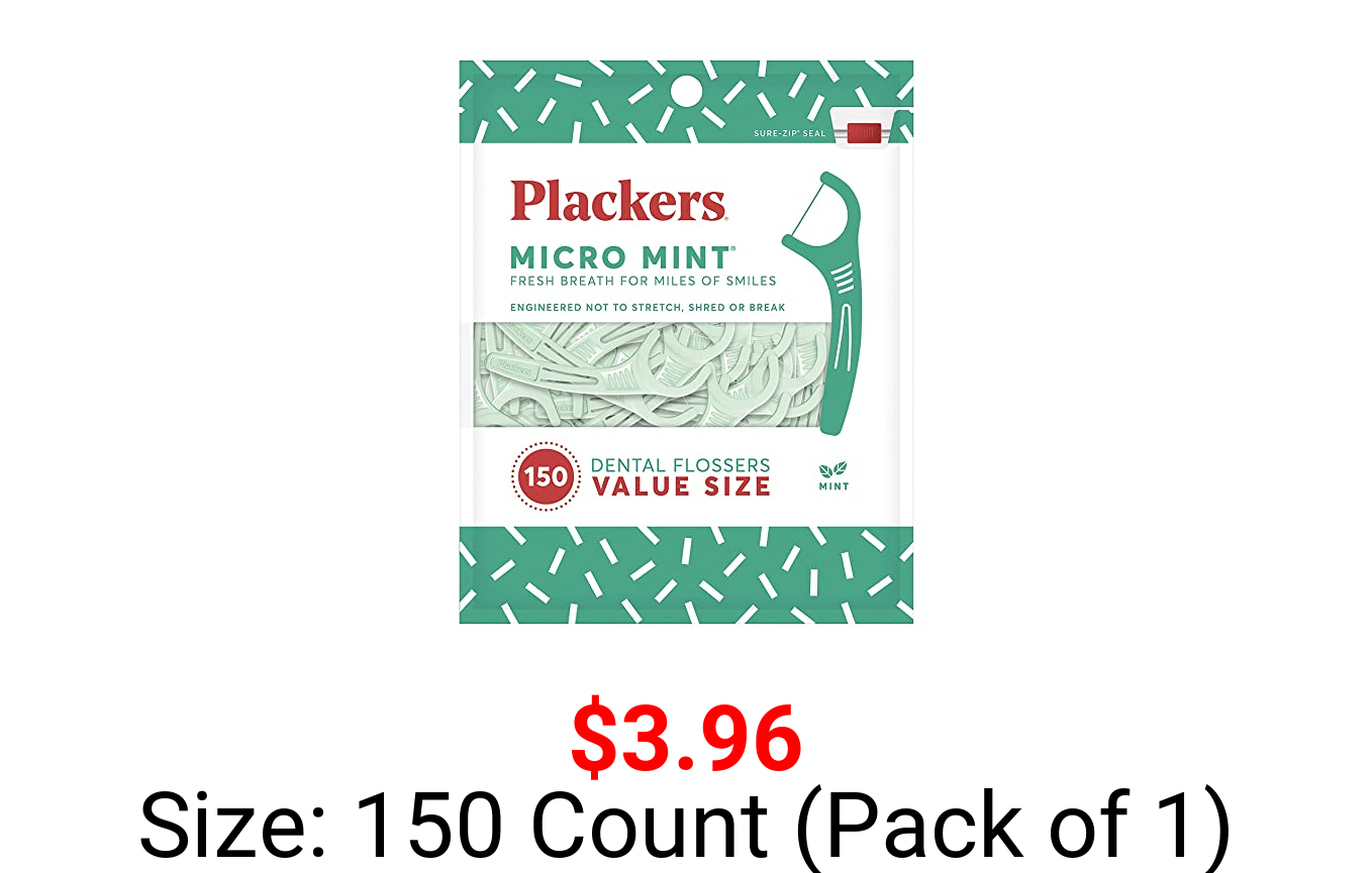 Plackers Micro Mint Dental Flossers, Fresh Mint Flavor, Fold-Out Toothpick, Super Tuffloss, Easy Storage with Sure-Zip Seal, 150 Count