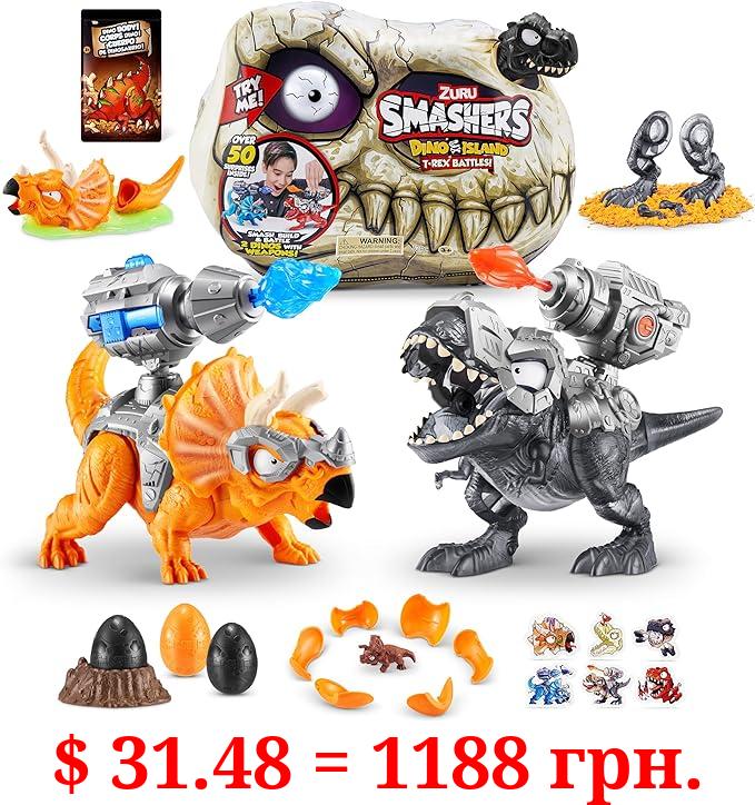 Smashers Dino Island T-Rex Battles (Black Version) by ZURU 50+ Surprises Boys Collectible Dinosaur T-Rex Triceratops Surprise Slime Sand Compounds Discovery