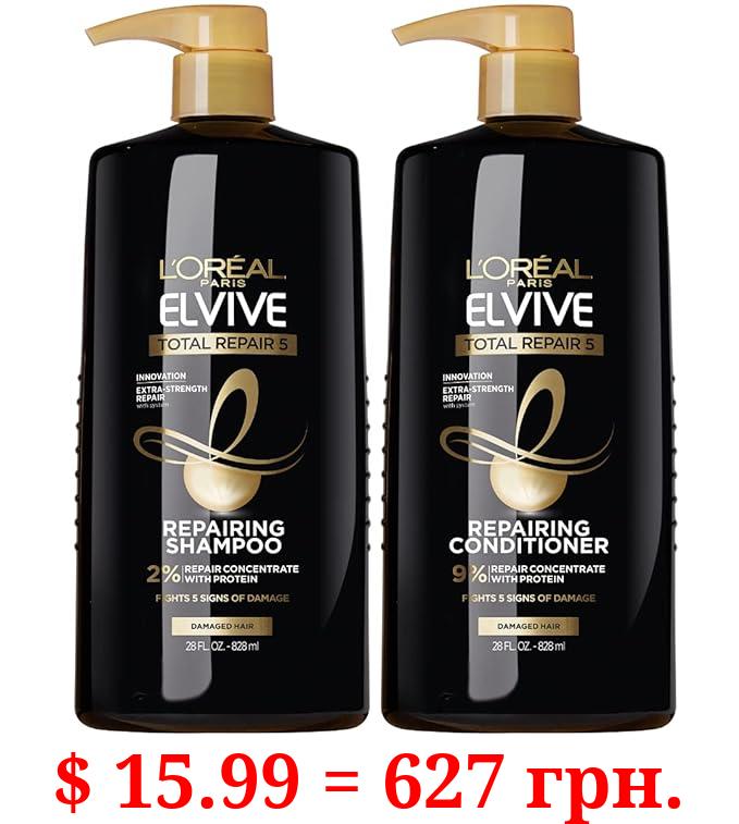 L'Oreal Paris Elvive Total Repair 5 Repairing Shampoo and Conditioner for Damaged Hair, 28 Ounce (Set of 2)
