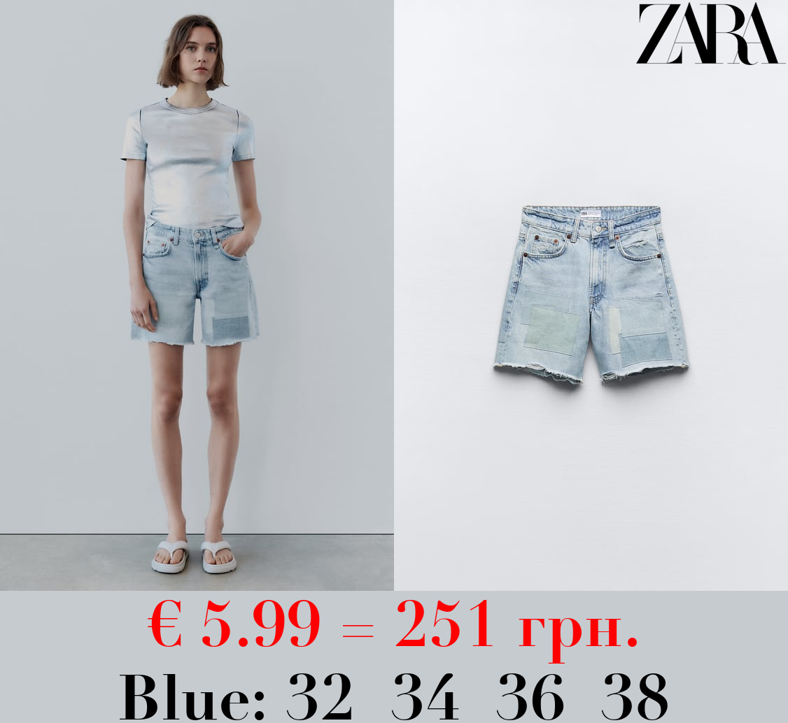 TRF MID-RISE DENIM BERMUDA SHORTS WITH PATCHES