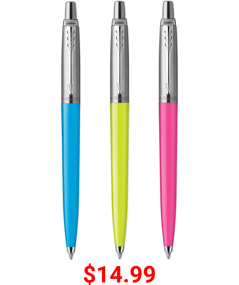 Parker Jotter Originals Ballpoint Pens | Pop Art Collection | Lime, Sky Blue and Hot Pink with Chrome Trims | Medium Point | Blue Ink | 3 Count