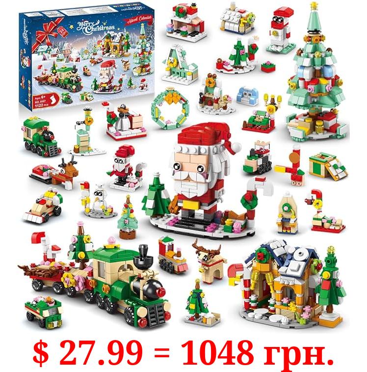 HOGOKIDS Christmas Advent Calendar Building Set - 2023 Countdown Playset 24 Collectible Surprises for Kids Christmas Toys Includes Santa Claus Tree Train House Blocks Boys Girls 6-12+ Year (1122 PCS)