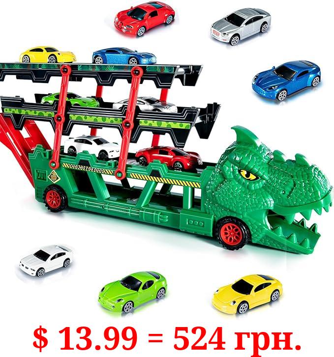 QLT Dinosaur Truck Track Toy with 6 Diecast Alloy Cars in 1:64 Scale with Launcher- Dinosaur Carrier Truck for 3+ Years Old Boys - 4 Expandable Levels - Gift for Preschool Kids