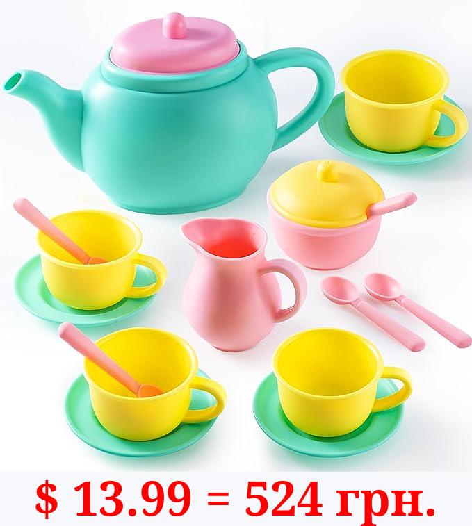 JOYIN 18PCS Pretend Play Tea Party Set Play Food Accessories BPA Free, Phthalates Free, Plastic Tea Set, Mini Kitchen for Kids, Gifts for Toddler Boys Girls Ages 1,2,3,4,5,6 Years Old