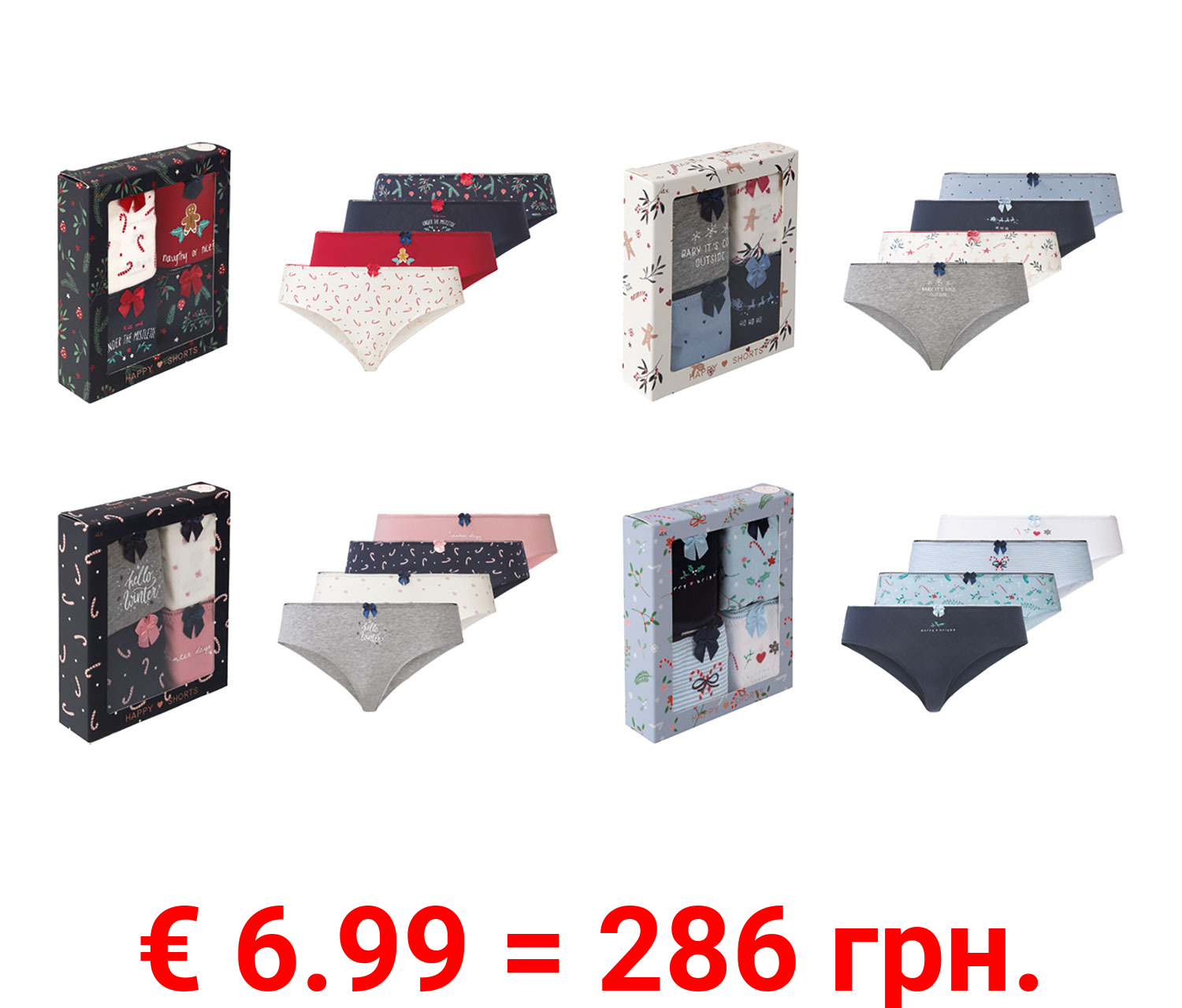 Happy Shorts Damen Slips, 4 Stück, mit Weihnachtsmotiv & Geschenkverpackung
