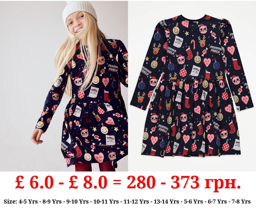 Navy Fun Christmas Print Skater Dress