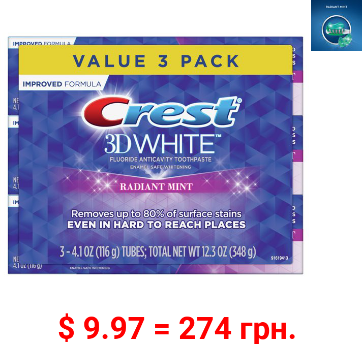Crest 3D White Whitening Toothpaste, Radiant Mint, 4.1 Oz, 3 Pack