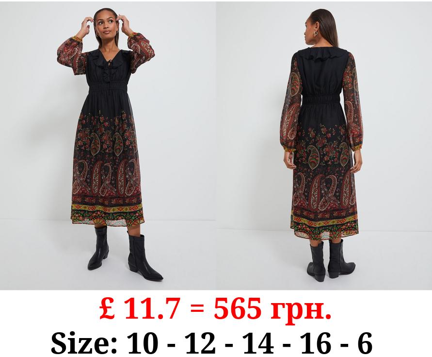 Border Print Chiffon Midi Dress