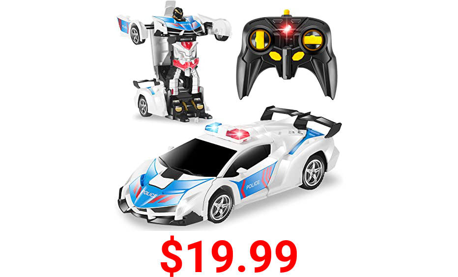CEGOUFUN 1:18 Scale Transform RC Car Robot for Kids, Remote Control Car with One Button Deformation, 2.4Ghz Remote Control Police Toy Car with 360 Degree Drifting, Great Toys Gift for Boys Girls