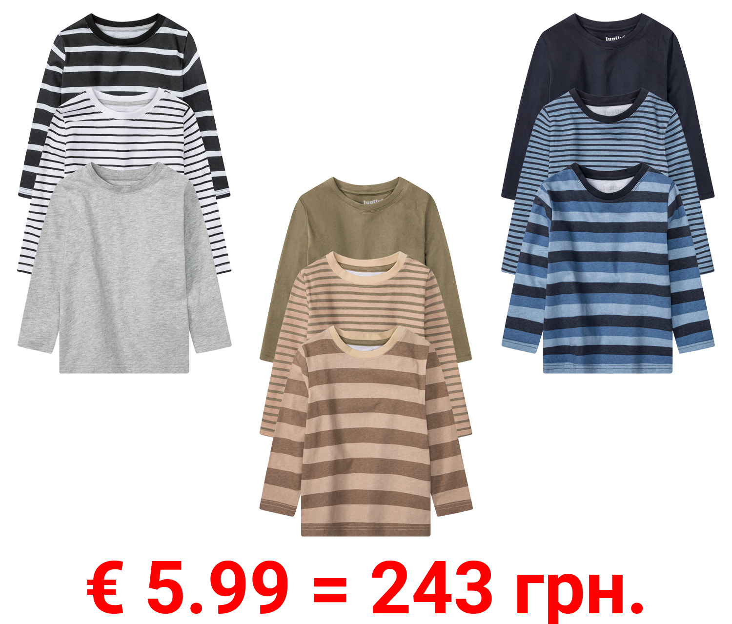 lupilu Kleinkinder Jungen Langarmshirt, 3 Stück, mit Rundhalsausschnitt