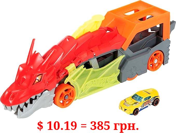 Hot Wheels Toy Car Track Set City Dragon Launch Transporter & 1:64 Scale Car, Stores Up to 5 Vehicles