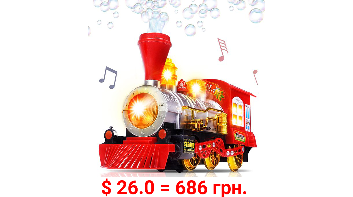 Bubble Blowing Toy Train with Lights and Sounds by Ottoy - Includes 5oz Bubble Solution and Plastic Funnel - Moving Bump and Go Steam Locomotive for Kids for Boys and Girls