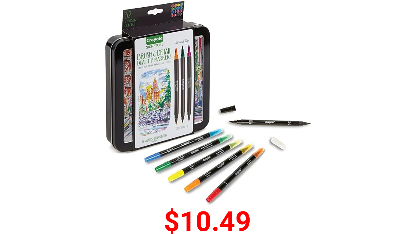 Crayola Brush & Detail Dual Tip Markers, Kids At Home Activities, 32 Colors, 16 Count