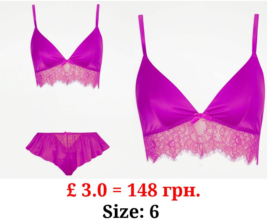 Purple Satin Bralette and Short Knickers Set