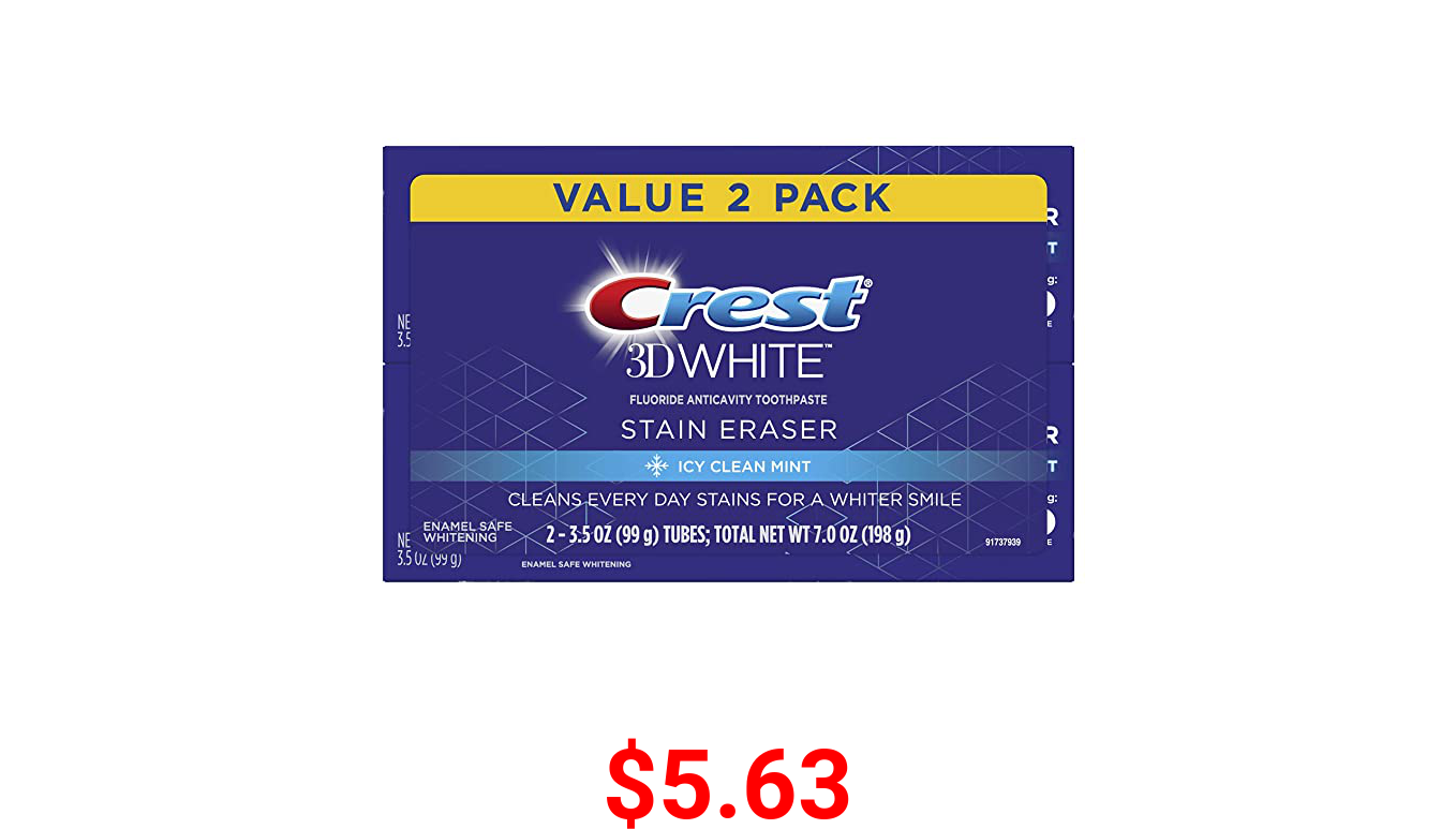 Crest 3D White Stain Eraser Whitening Toothpaste, Icy Clean Mint, 2 Count