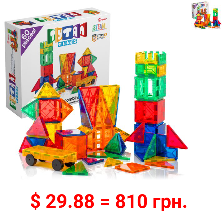 Tytan Magnetic Learning Tiles 60 Piece Building Set Focused on STEM Education w/ Included Car & Carrying Bag