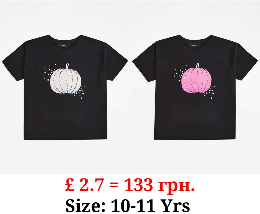 Black Pumpkin Flippy Sequin Halloween T-Shirt