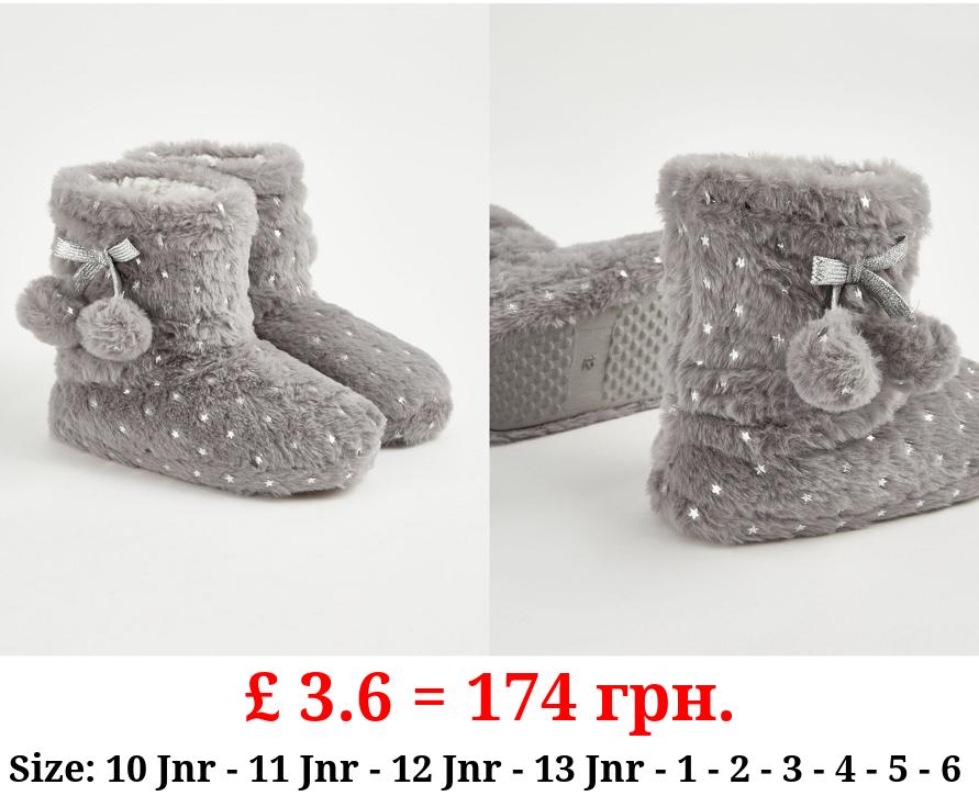 Grey Faux Fur Star Slipper Boots