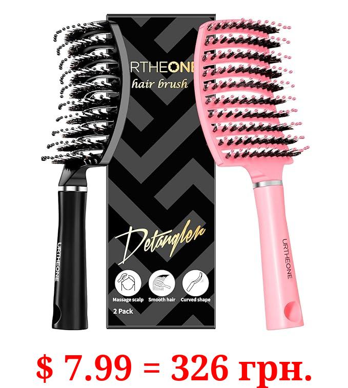 Hair Brush,URTHEONE Detangling Hairbrush Boar Bristle Curved Vented Hair Brush for Women Men Kids Curly Thick Long Short Wet or Dry Hair, Faster Blow Drying(2Pack, Black&Pink)