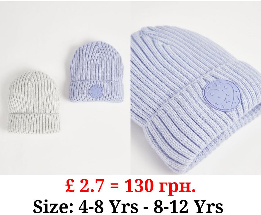 Assorted Ribbed Heart Badge Beanie 2 Pack