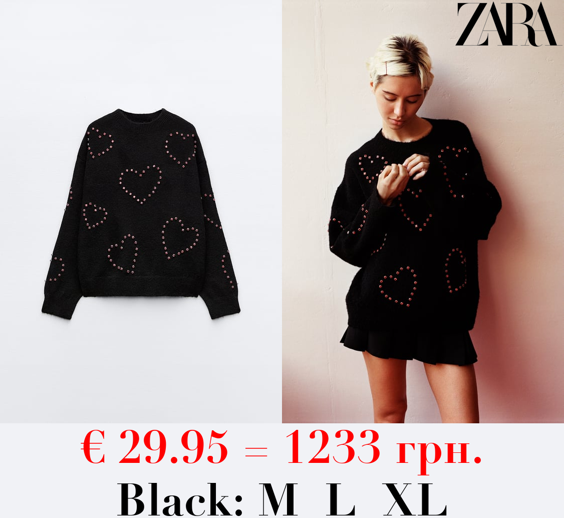 KNIT SWEATER WITH BEADED HEARTS