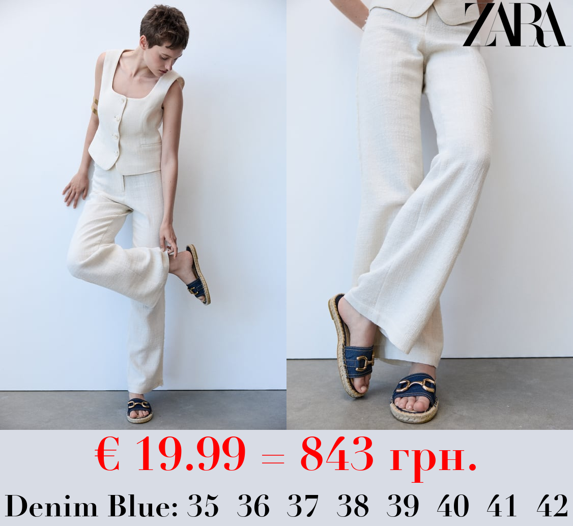 DENIM AND JUTE FLAT SLIDER SANDALS