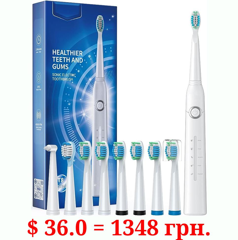 TEETHEORY Electric Toothbrush for Adults with 8 Brush Heads, Sonic Electric Toothbrush with 40000 VPM Deep Clean 5 Modes, Rechargeable Toothbrushes Last 30 Days (White)