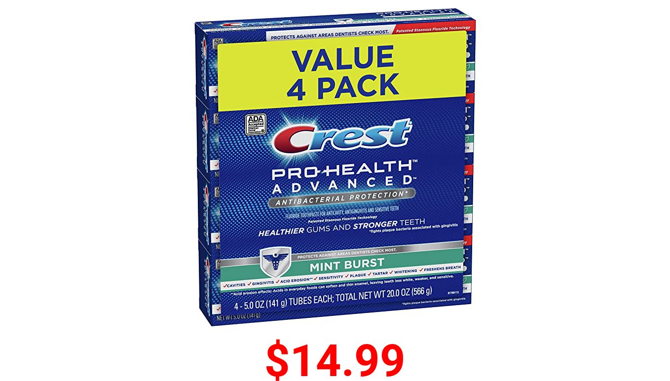 Crest Pro-Health Advanced Antibacterial Protection Toothpaste, Mint Burst, 5oz (Pack of 4)
