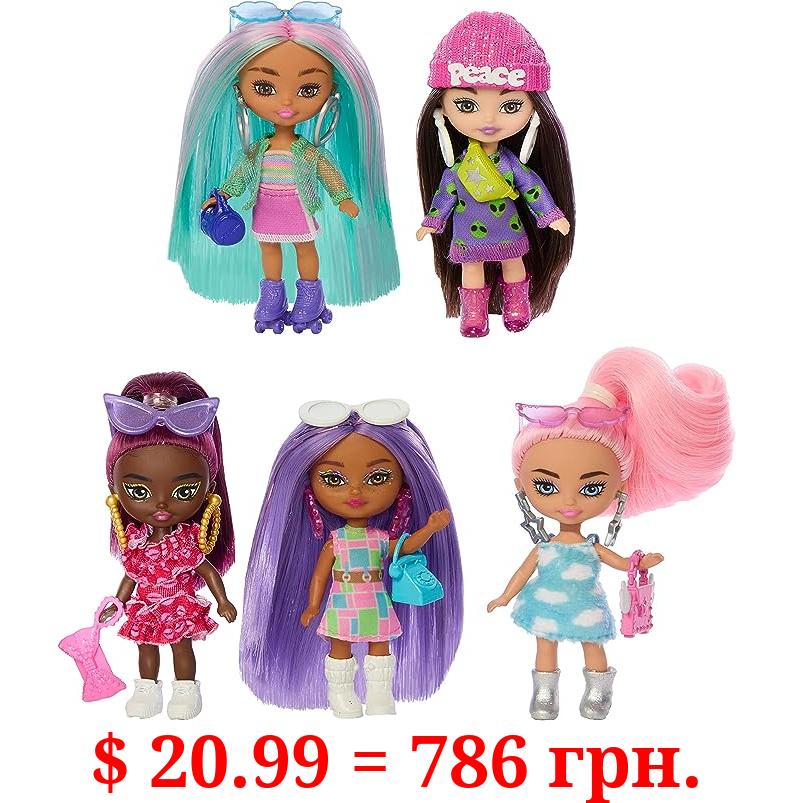 Barbie Five Barbie Dolls, Barbie Extra Mini Minis Bundle, Small Dolls with Colorful Fashions and Accessories