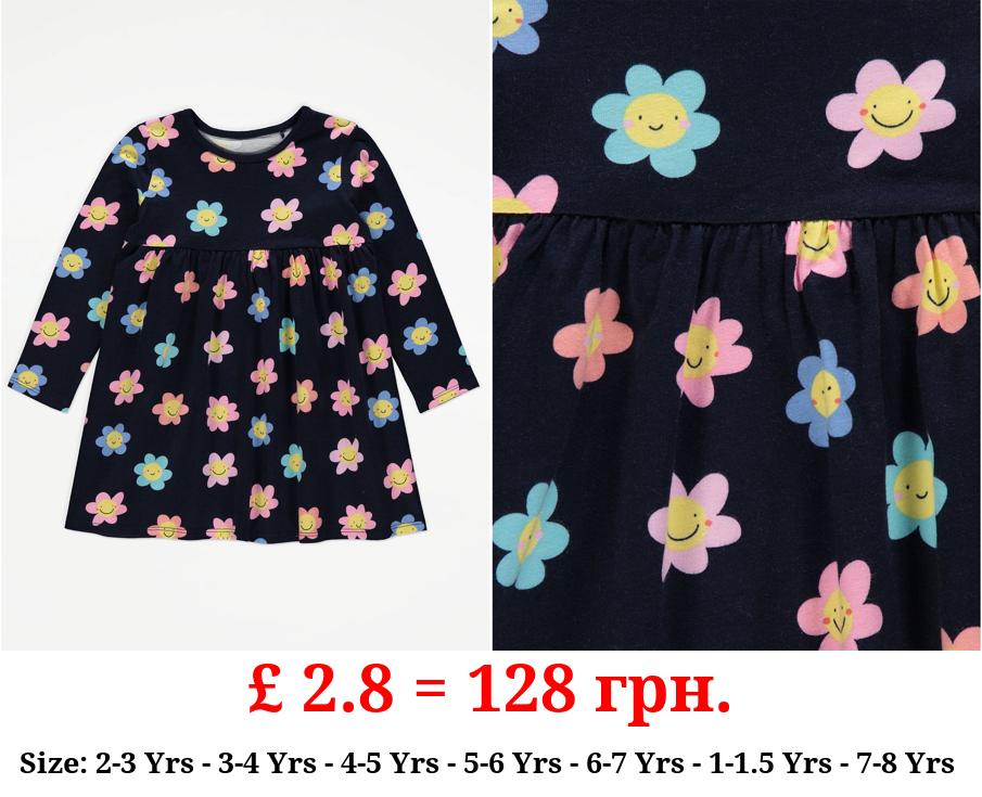 Navy Smiley Flower Print Long Sleeve Dress