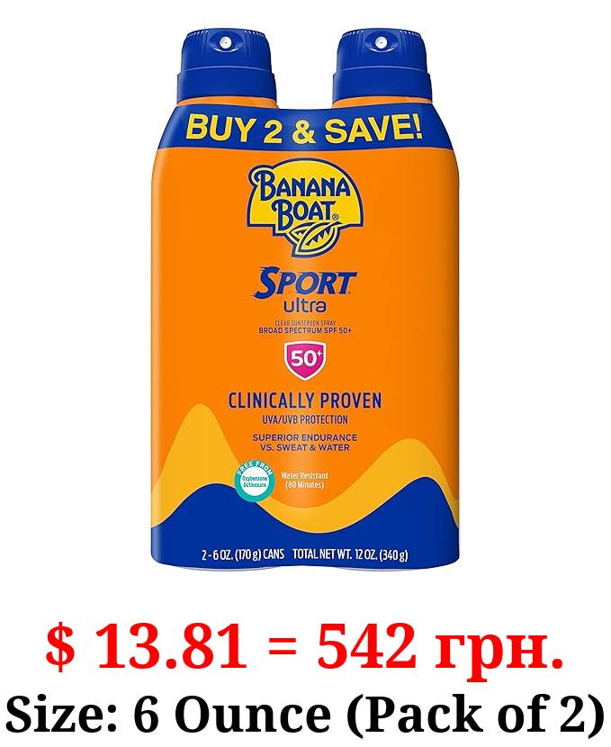 Banana Boat Sport Ultra SPF 50 Sunscreen Spray Twin Pack | Banana Boat Sunscreen Spray SPF 50, Spray On Sunscreen, Water Resistant Sunscreen, Oxybenzone Free Sunscreen Pack, 6oz each