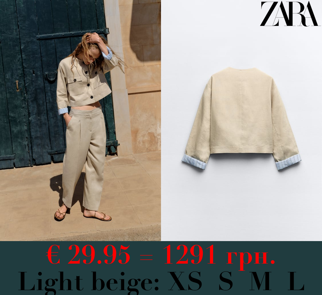 CROPPED LINEN-BLEND JACKET WITH CONTRAST CUFFS