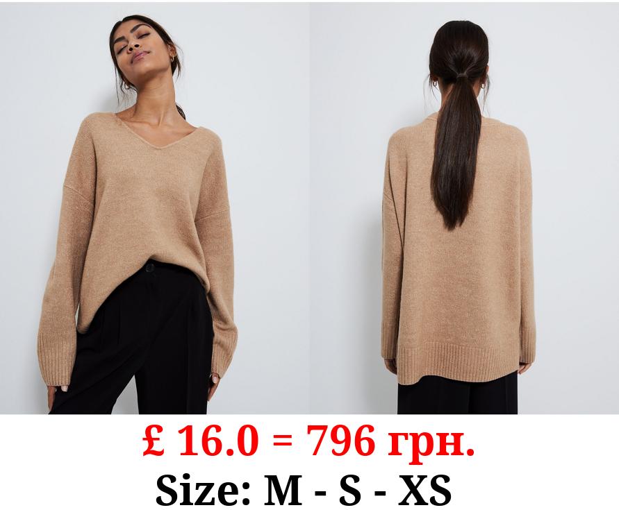 Brown Slouchy Knitted V-Neck Jumper