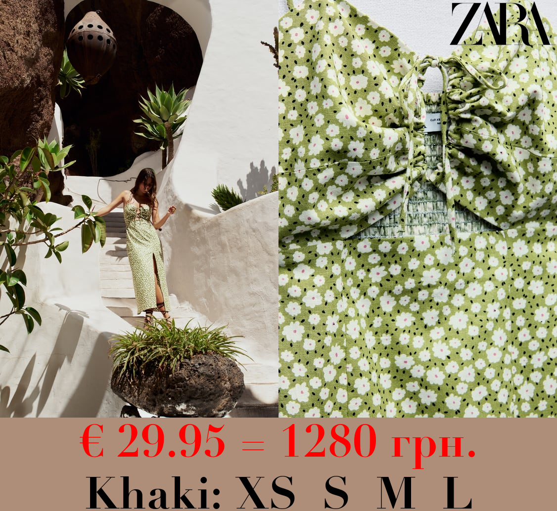 LINEN-BLEND FLORAL PRINT MIDI DRESS