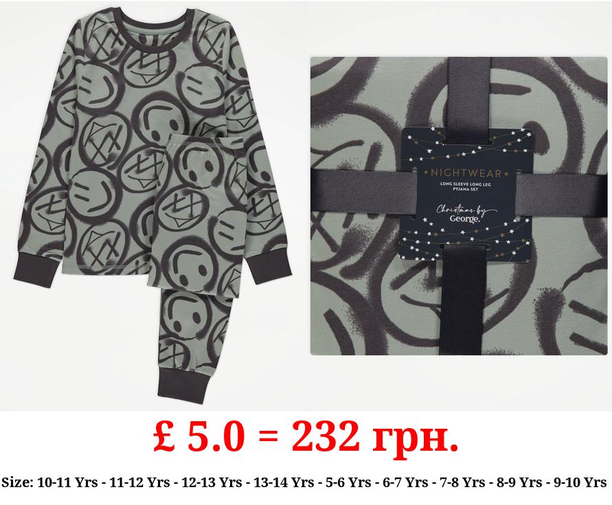 Sage Green Smiley Face Long Sleeve Pyjamas Gift Set