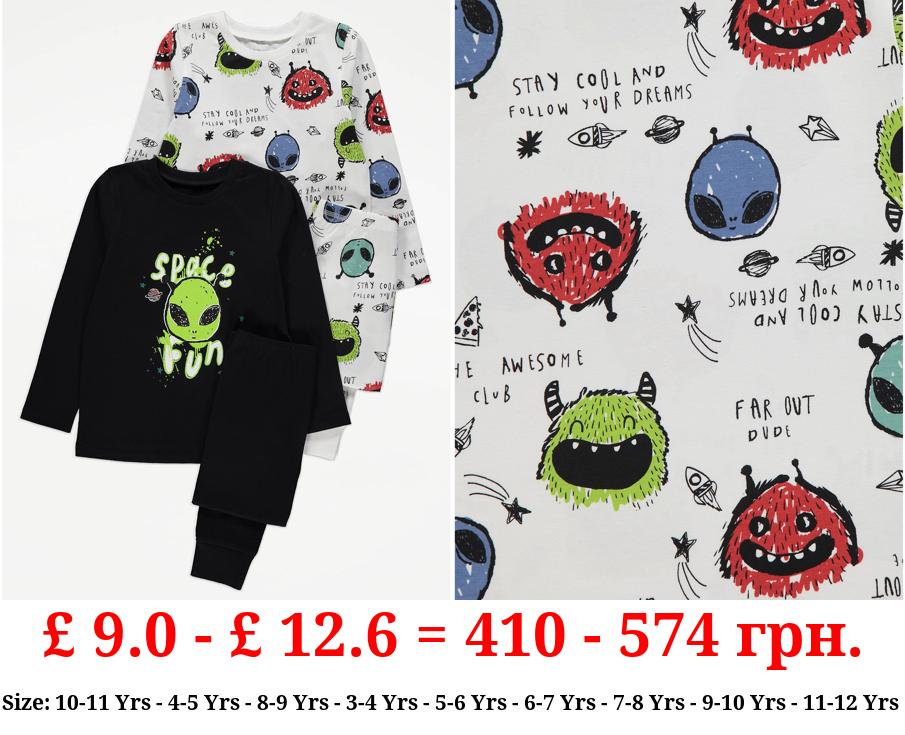 Black Alien Space Fun Long Sleeve Pyjamas 2 Pack