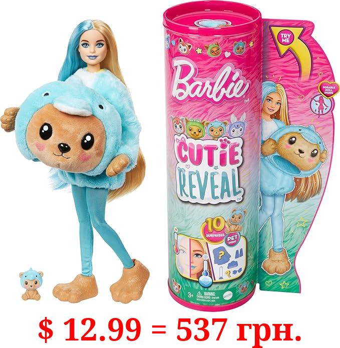 Barbie Cutie Reveal Doll & Accessories with Animal Costume & 10 Surprises Including Color Change, Teddy Bear as Dolphin in Costume-Themed Series