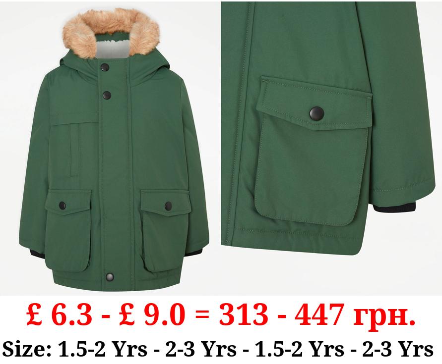 Khaki Faux Fur Trim Parka Coat