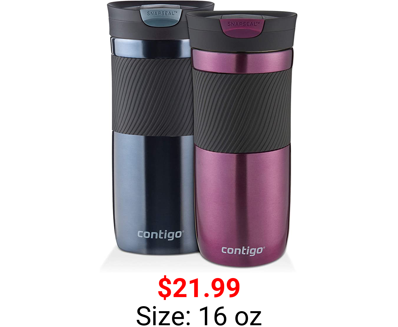 Contigo SnapSeal Byron Vacuum-Insulated Stainless Steel Travel Mug, 16 oz, Radiant Orchid and Stormy Weather