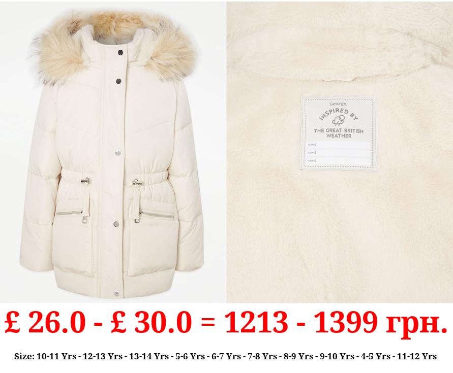 Cream Faux Fur Trim Parka Coat