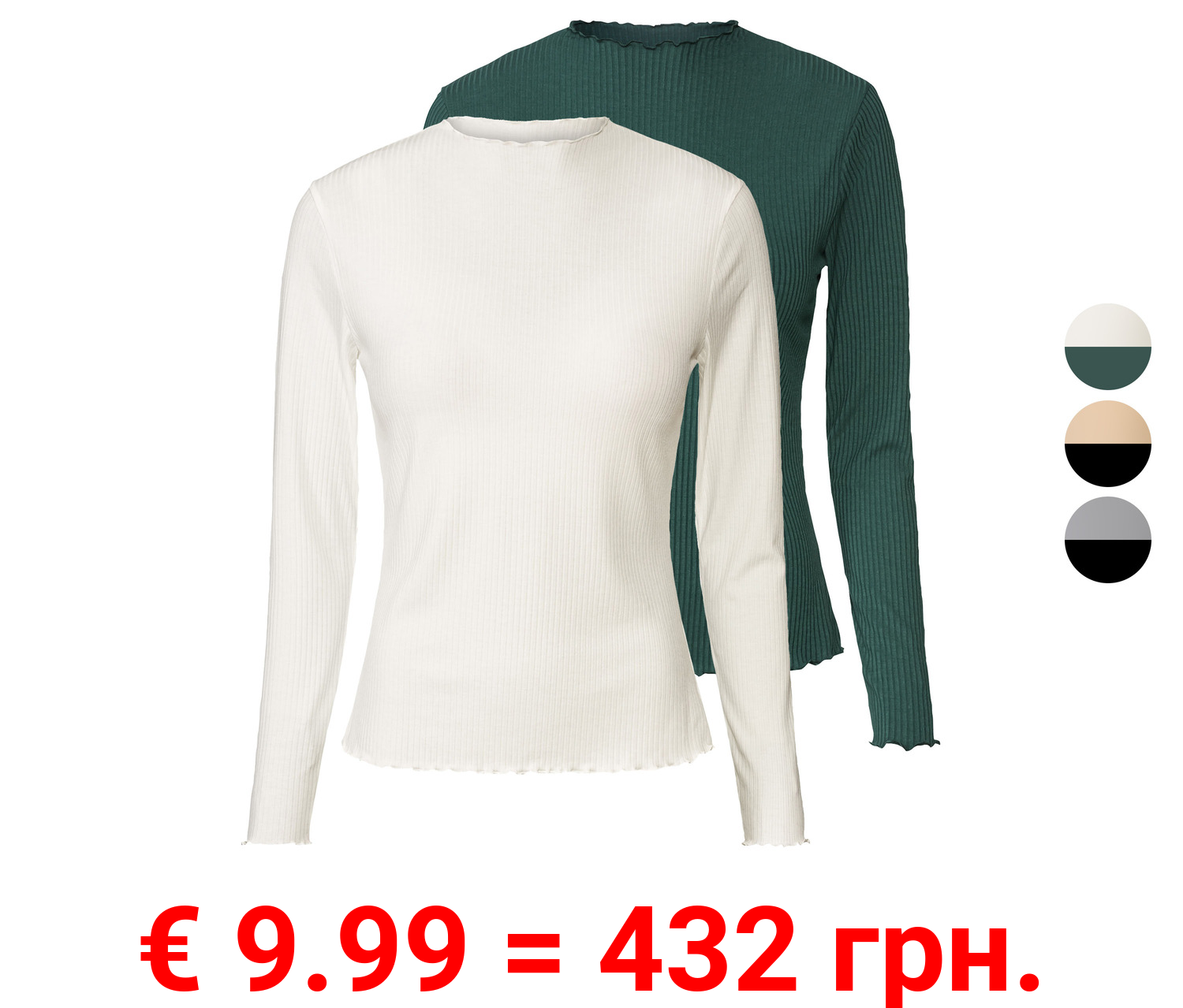 esmara® Damen Langarmshirts, 2 Stück, aus Ripp-Qualität