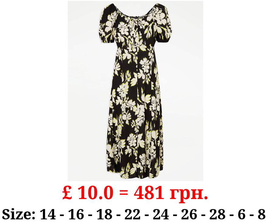 Black Floral Tie Front Midi Dress