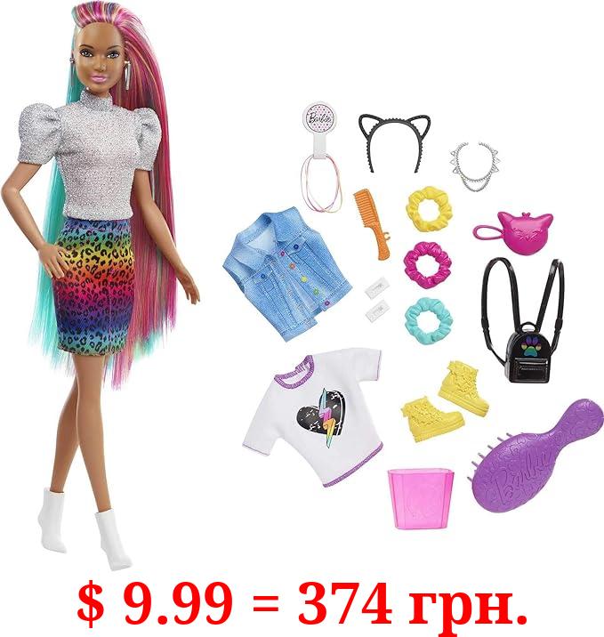Barbie Doll Leopard Rainbow Hair Brunette With Color-Change Highlights & 16 Styling Accessories Including Clothes, Scrunchies, Brush & More