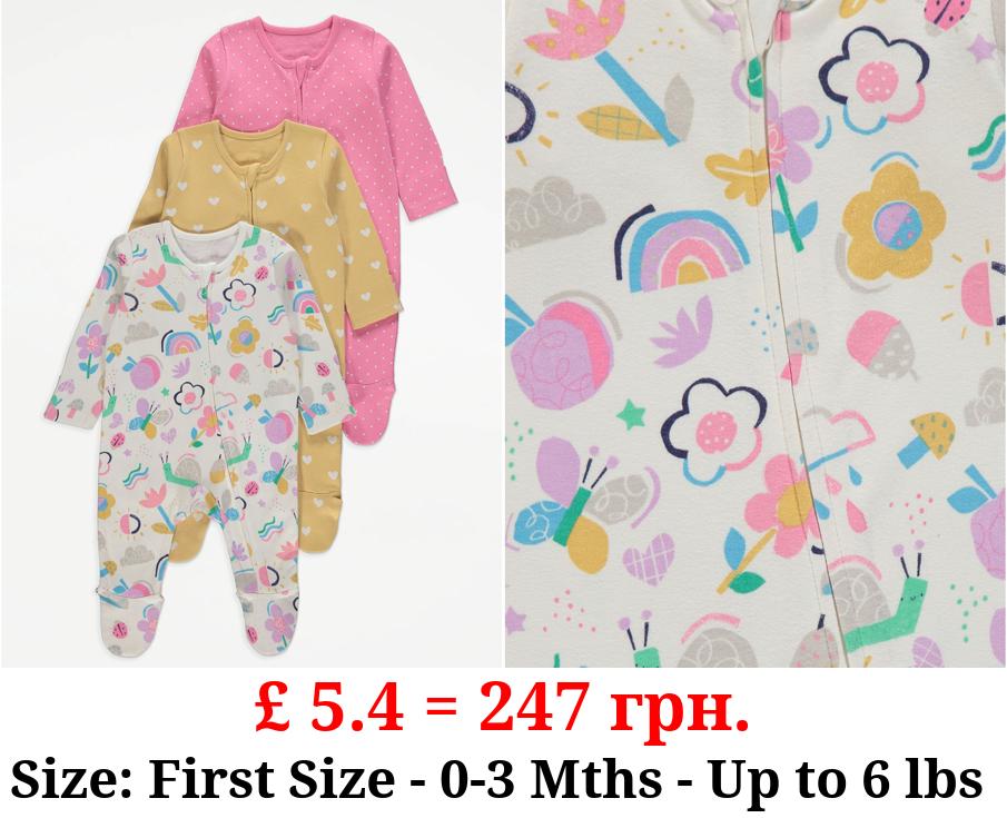 Bright Patterned Zip Sleepsuits 3 Pack