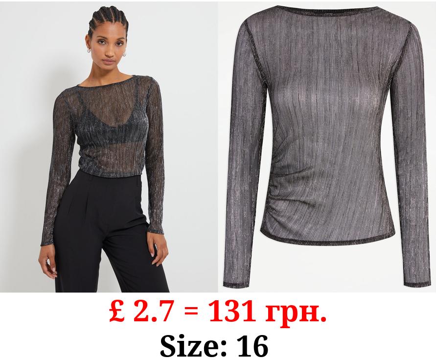 Silver Glitter Mesh Long Sleeve Top