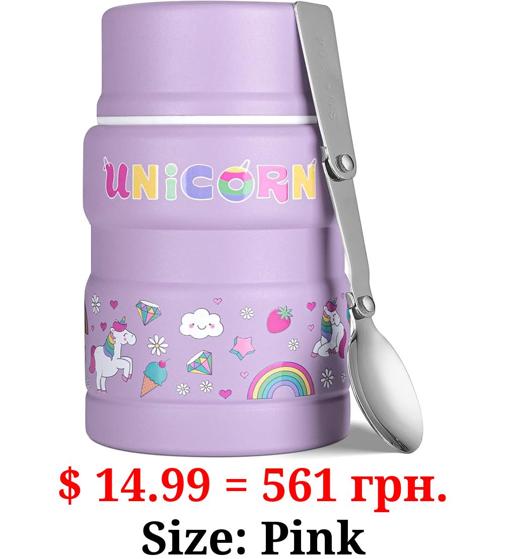 Charcy 17 Ounce Kids Thermos for Hot Food - Soup Thermos with Folding Spoon - Insulated Food Jar for Hot & Cold Food - Purple Unicorn